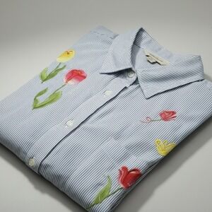 Quacker Factory Shirt 3X Blue Stripe Embroidered Tulip Butterfly Whimsical